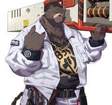 185506 - safe, artist:silentyed, bear, grizzly bear, mammal, anthro, belt,  ben (zenless zone zero), bottomwear, chain, clothes, fur, gold chain, male,  pants, simple background, solo, video game, weapon, white background, zenless  zone