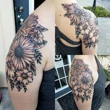 Dimensional Flower Power Flower Shoulder Tattoo Sunflower Tattoo Shoulder Shoulder Tattoo Shoulder Tattoos For Women
