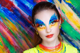Creative Make-up New Conceptual Idea. Blue Orange Yellow Red Colors Bold  Body Art Painting. Crazy Graphic Abstract Picture On Woman Face  Surrealistic. Concept Professional Photo. Creativity Background Stock  Photo, Picture and Royalty