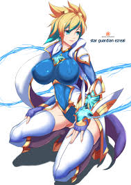 torahime (roland00), ezreal, star guardian (league of legends), star  guardian ezreal, league of legends, absurdres, highres, blonde hair, blue  eyes, breasts, character name, covered erect nipples, fingerless gloves,  full body, genderswap, genderswap (