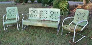 Vintage 1940 S Metal Patio Set Glider 2 Bouncy Chairs Pie Crust Pattern Metal Outdoor Chairs Vintage Patio Vintage Outdoor Furniture