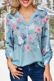 Casual Print V Neck Long Sleeves Shirt Flower Print Blouse Trendy Tops For Women Trendy Tops