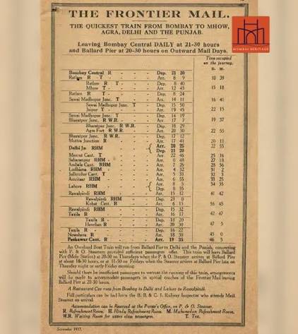 From Ballard Pier, Mumbai to Punjab A 1937 timetable reveals an unusual link between Mumbai's port and its railway network. On alternate Thursdays, an Overland Boat Train would leave Ballard Pier (Mole