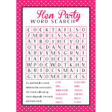 This free printable has ten different questions on it, but you certainly could make up your questions there are many free mysteries to choose from, and each contains charter descriptions, clues, scripts when a guest fails, they'll need to take a drink meaning the game will get funnier as the night goes on. Hen Party Wordsearch Hen Party Superstore