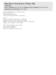 Bagi nama tuhan kemuliaan, kejayaan namamu berkuasa diam dalam hadiratmu engkau tetap tuhan kutinggikan diatas s'galanya tempat ini dipenuhi nama tuhan ending : Bagi Nama Tuhan Lyrics