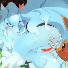 1boy 1girls alolan ninetales anus big tail blue eyes blue fur  blush brown fur censored eevee eye contact feet female feral fur furry  heart huge ass interspecies larger female