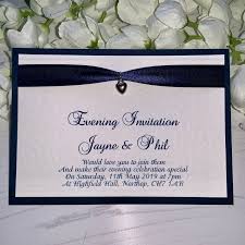 Evening Wedding Invitations A6 Postcard Style Navy Blue Ribbon With Silver Heart Charm In 2020 Evening Wedding Invitations Evening Wedding Wedding Invitations