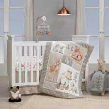 This lambs and ivy crib bedding set features a charming design collection of different animals such as monkeys, birds, elephants, and koalas that had been embroidered through the use of chenille fabric, with touches of rose gold and fur. Lambs Ivy Painted Forest 4 Piece Crib Bedding Set Gray Beige White Target