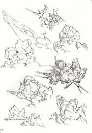 Craft the nebulous shape using a series of curved lines, some overlapping, to form a round shape. Yoshinari Explosion Studies Smoke Drawing Explosion Drawing Drawings