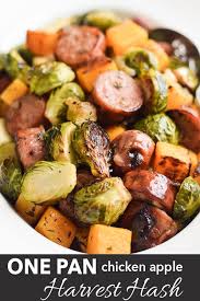 Ingredients in baked sausages with apples. Sheet Pan Chicken Apple Harvest Hash Easy Gf Recipes Recipe Healthy Sausage Recipes Chicken Apple Sausage Chicken Sausage Recipes