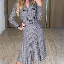 Women Vintage Long Sleeve Pleated Blazer Dress Elegant Button Plaid Dress Office Ladies Notched Belt Midi Dress Long Plaid Skirt Blazer Dress Belted Midi Dress