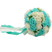 Are there real turquoise flowers. Wedding Bouquet Turquoise Ivory Roses Artificial Bridal Bridesmaid Flo Vanrina