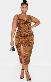 Shop women's plus size knit pocket leopard dress Plus Leopard Print Strappy Satin Cowl Midi Dress Prettylittlething Usa