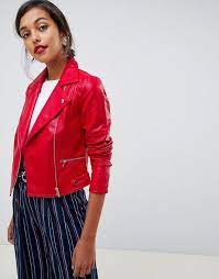 Oasis Faux Leather Biker Jacket In Red Faux Leather Biker Jacket Red Leather Jacket Fashion
