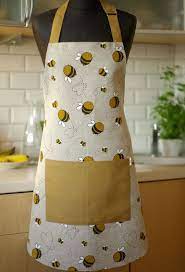 linen apron with bees print kitchen pinafore with pocket personalized christmas gift with bees sewing aprons bee decor kitchen aprons