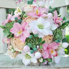 Striking bouquet with orange two tone natural touch calla lilies, green, off white & purple orchids, tropical punch plumerias mixed with succulents. Pink Orchid Wedding Bouquet Handmade With Love Oriflowers