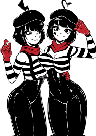 bonbon (derpixon), chuchu (derpixon), mime and dash, dark eyes, artist  request, highres, 2girls, amy jenssen, beret, black eyes, black hair,  breast press, breasts, curvy, gloves, hat, heart (symbol), large breasts,  mime, morgan