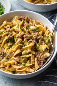 Directions in a large skillet, cook the beef, mushrooms, onion and garlic over medium heat until meat is no longer pink; Ground Beef Stroganoff Simply Whisked