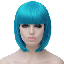 Amazon Com Short Light Blue Bob Hair Wigs With Bangs For Women Straight Synthetic Wig Natural As Real Hair 12 With Wig Cap Bu27lb Beauty