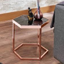 The coffee tables have black painted iron legs and different heights: Hexagonal Black Glass Rose Gold Exquisite Side Table Safe Green Furniture Supplier Slicethinner
