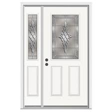 Jeld Wen 36 In X 80 In Hadley 1 2 Lite Primed Premium Steel Prehung Front Door With Left Hand Sidelite White Primer Exterior Doors Steel Doors Entry Doors