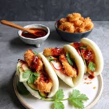 Steamed Buns With Crispy Calamari Korean Sauce Recipe Yummly Recipe Food Steamed Buns Fusion Food
