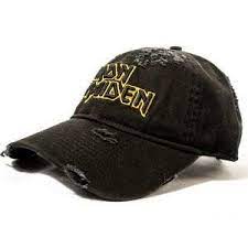 Iron Maiden Yellow Logo Embroidered On A Distressed Black Baseball Hat Black Baseball Hat Yellow Logo Hats