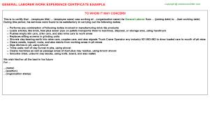 Your contact information marshall grant 364 hopkins street california, ca93746 mobile: General Laborer Experience Certificate 10495
