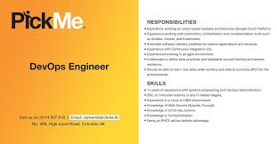 Pickme Will Entertain Applications From Suitable Equipped Candidates For The Following Job Vacancy Of Devops Engineer Pickmelk J Engineering Job Cloud Based