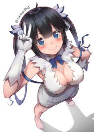 takahan, hestia (danmachi), dungeon ni deai wo motomeru no wa machigatteiru  darou ka, absurdres, highres, ahoge, barefoot, black hair, blue eyes, blunt  bangs, blush, breasts, cleavage, cleavage cutout, clothing cutout,  foreshortening, from above, gloves ...