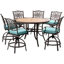 Hanover Monaco 7 Piece Aluminum Round Outdoor Bar Height Dining Set With Tile Top Table And Blue Cushions Tile Top Tables Dining Bar Set 7 Piece Dining Set