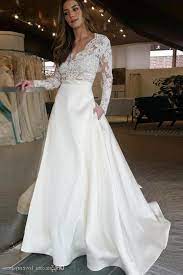 Satin Bottom Lace Top Ball Gown Wedding Dresses With Sleeves V Neckline Brown Wavy H Cheap Wedding Dresses Online Online Wedding Dress Cheap Bridal Dresses