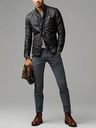 Men S Black Quilted Leather Bomber Jacket Grey Crew Neck Sweater Charcoal Wool Dress Pants Dark Brown Leather Dress Boots Leather Jacket Men Leather Jacket Men Style Leather Jacket Style