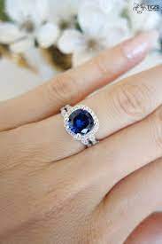 2 25 Carat Halo Wedding Set Vintage Bridal Rings Man Made Blue Sapphire Diamonds Sim Sapphire Wedding Ring Set Sapphire Wedding Rings Wedding Rings Vintage