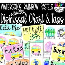 watercolor rainbow pastels dismissal chart tags editable