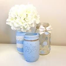 Baby Shower Mason Jar Decor Baby Boy Shower Rustic Painted Mason Jars Centerpiece Polka Do Mason Jar Baby Shower Baby Shower Centerpieces Baby Boy Sprinkle