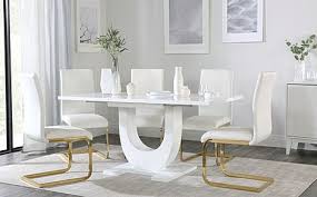 Style your home with elegant dining room furniture at an affordable price! Oslo White High Gloss Extending Dining Table With 4 Perth White Leather Chairs Gold Legs Furniture And Choice