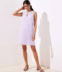 This Perfectly Sleek Cotton Shift Dress Lines Up In Fresh Eyelet Stripes Split Neck Sleeveless Back Zip Cotton Shift Dress Dresses Weekend Dresses