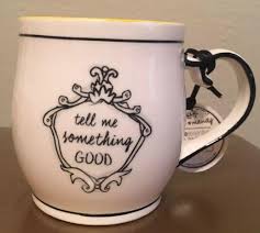 NEW* KATIE MANDY "TELL ME SOMETHING GOOD" 14 OZ. COFFEE MUG, W/ YELLOW  INTERIOR