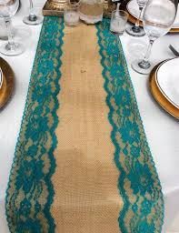 Burlap Table Runner With Teal Jade Lace 5ft 10ft X 10 Wide Peacock Wedding Decor We Teal Country Weddings Teal Wedding Decorations Burlap Table Decorations