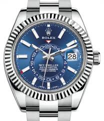 Rolex Sky Dweller Stainless Steel Blue Index Dial Fluted White Gold Bezel Oyster Bracelet 326934 Brand New