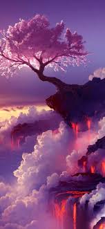 Beautiful Tree On Lava Mountain 1080 X 2340 Landscape Wallpaper Landscape Art Scenery Wallpaper
