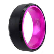 Mens Black Tungsten Ring With Brilliant Hot Pink Inner Band And Beveled Edges Casual Anniversary Weddin Black Tungsten Rings Pink Wedding Rings Black Tungsten