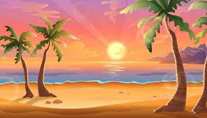 Cartoon Illustration Of Ocean Landscape In Sunset Or Sunrise With Beautiful Pink Sky And Sun Reflection Over The Water Beautiful Nature With Palm Trees And Bea In 2021 Drawing Sunset Beach