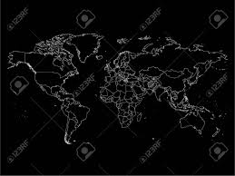 Black And White Simple World Map With Countries World Map With Country Borders Thin White Outline On Black Background Simple High Detail Line Vector Wireframe Spon Thin White Outline Borders W