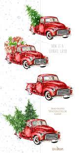 Watercolor Christmas Truck Vintage Red Pickup Pine Tree Etsy Christmas Watercolor Christmas Red Truck Christmas Paintings