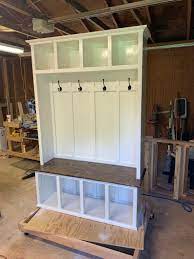 Farmhouse Hallway Tree With Bench And Storage Mudroom Custom Size And Color Available Hall Tree Hall Tree Mudroom Lockers Mud Room Storage