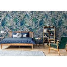 Papier Peint Vinyle Motif Palme Bleu Leroy Merlin Papier Peint Papier Peint Bleu Idee Deco Chambre Parentale