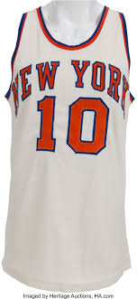 White is utilized as the primary color with blue and orange accents. Early 1970 S Walt Frazier Game Worn New York Knicks Jersey Lot 80130 Heritage Auctions