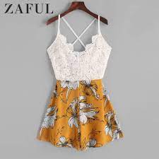 The most common multi floral pattern material is cotton. Zaful Playsuits Knotted Back Lace Panel Floral Cami Romper Sleeveless Criss Cross Casual Women Sexy Spaghetti Strap Bodysuits Rompers Aliexpress